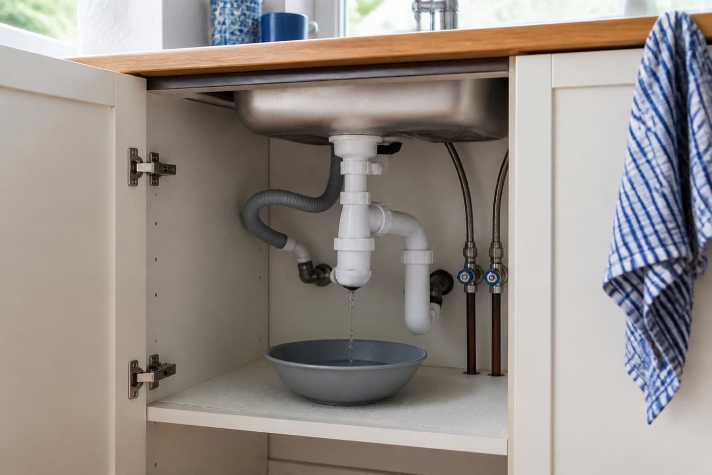 A small leak beneath a kitchen sink with a bowl catching the water