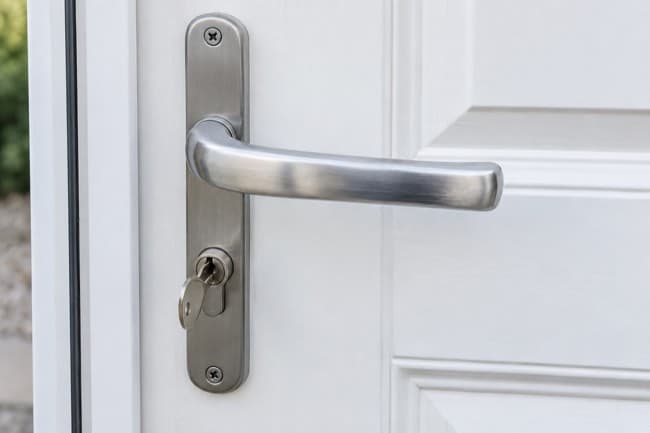 A front door handle and lock with a key inserted