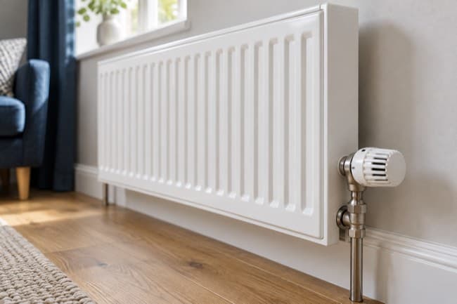 A domestic radiator and thermostat